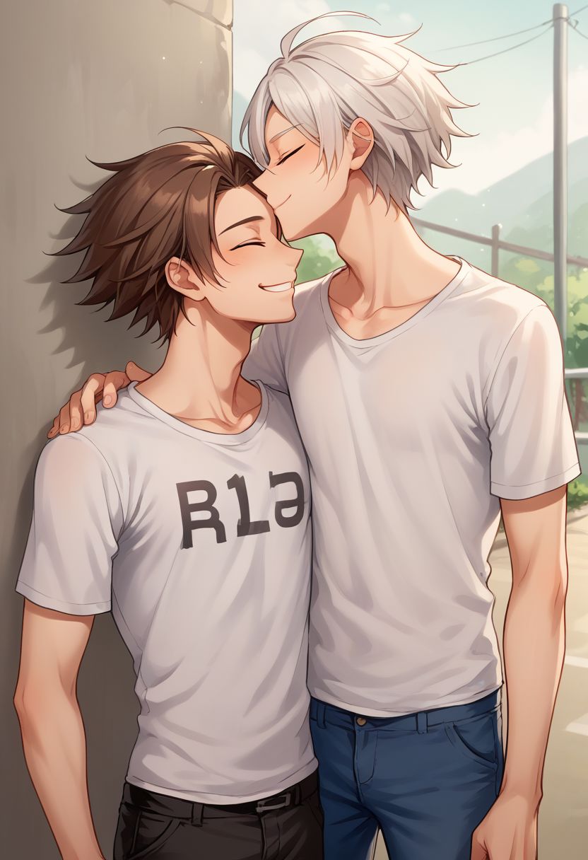 score_9, score_8_up, source_anime, highly detailed, 
kissing forehead, multiple boys, 2boys, male focus, brown hair, closed eyes, white hair, smile, yaoi, t-shirt, pants, cute, skinny,
outdoor,