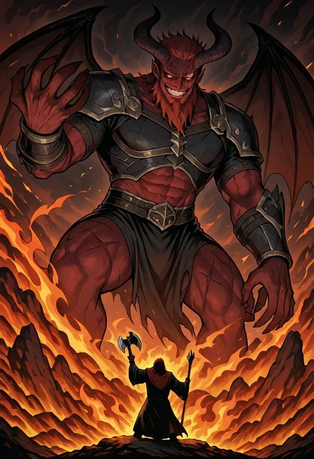 masterpiece, best quality, newest, absurdres, highres, anime, anime style, 1boy, black robe,
1boy, monster boy, demon boy, demon, muscular, manly, horns, beard, facial hair, scar, scars, scar on face, armor, cape, axe, holding, holding axe, fire, hell, dynamic pose, giant, wings, grin, evil grin, giant, size difference