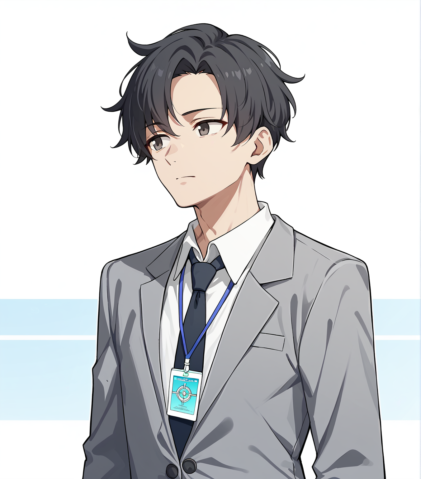 score_9, score_8_up, score_7_up, score_6_up, score_5_up, score_4_up, BREAK, cowboy shot, solo,
<lora:sensei-11:1>, senseianime, black hair, collared shirt, necktie, id card, grey suit,