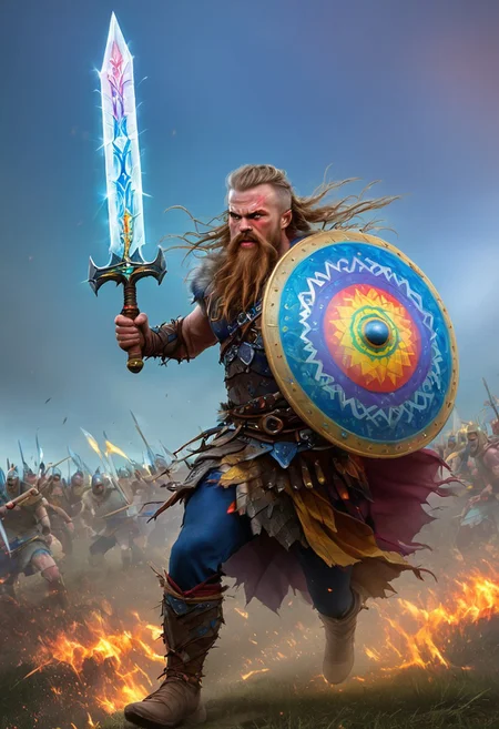 VALHERO neouv, viking warrior holding rainbow shield and rainbow sword while running through the battle of ragnarok