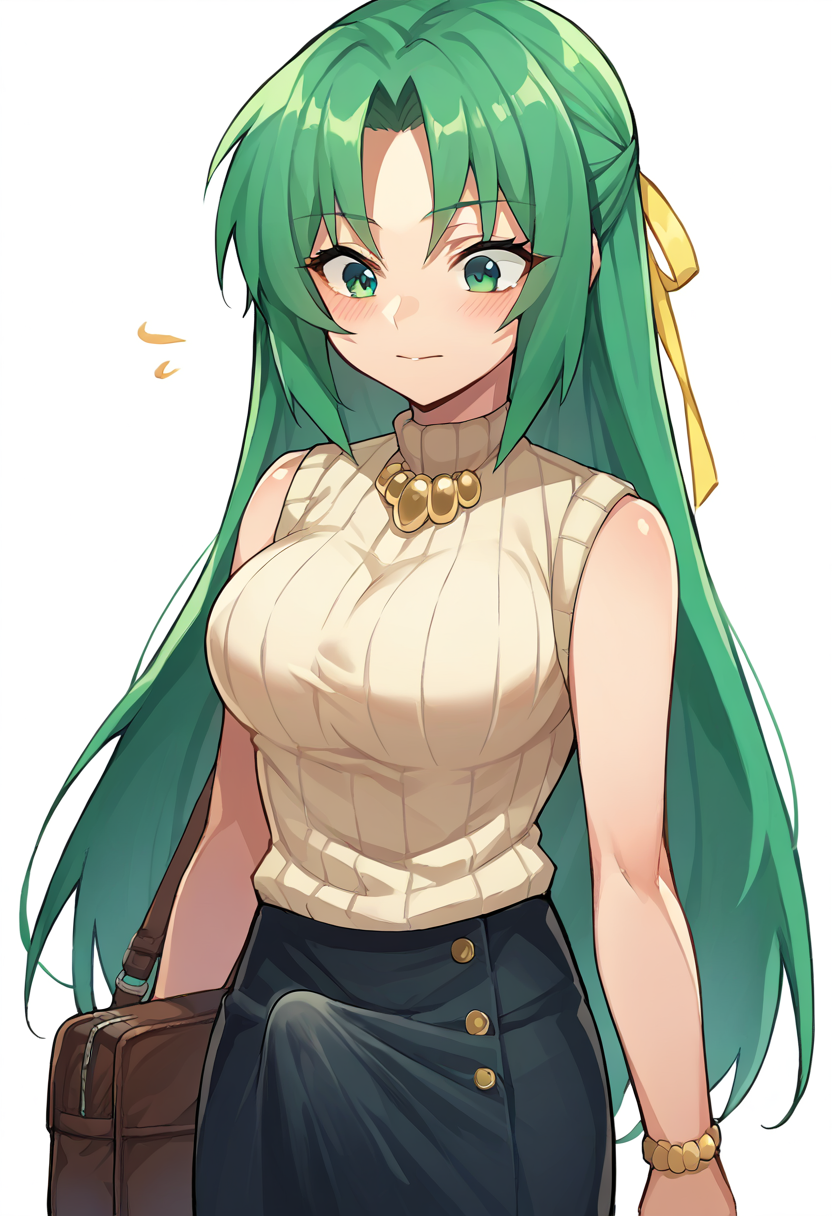 score_9, score_8_up, score_7_up, source_anime,    <lora:SHionAdapt0.5 15:1> sonozaki shion, green hair, long hair, green eyes, yellow ribbon, turtleneck sweater, black skirt, yellow necklace, erection under clothes, 1girl, solo  <lora:Erection Under Clothes-000012:1>