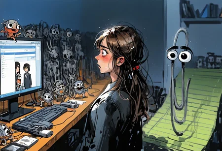 1girl, cl1ppy, pokemon (creature), uncertain, insecure, scared, MythAn1m3, computers. monitors, server racks, semi-transparent displays, facing viewer, side view. office, judgmental colleagues slowly approaching from all sides