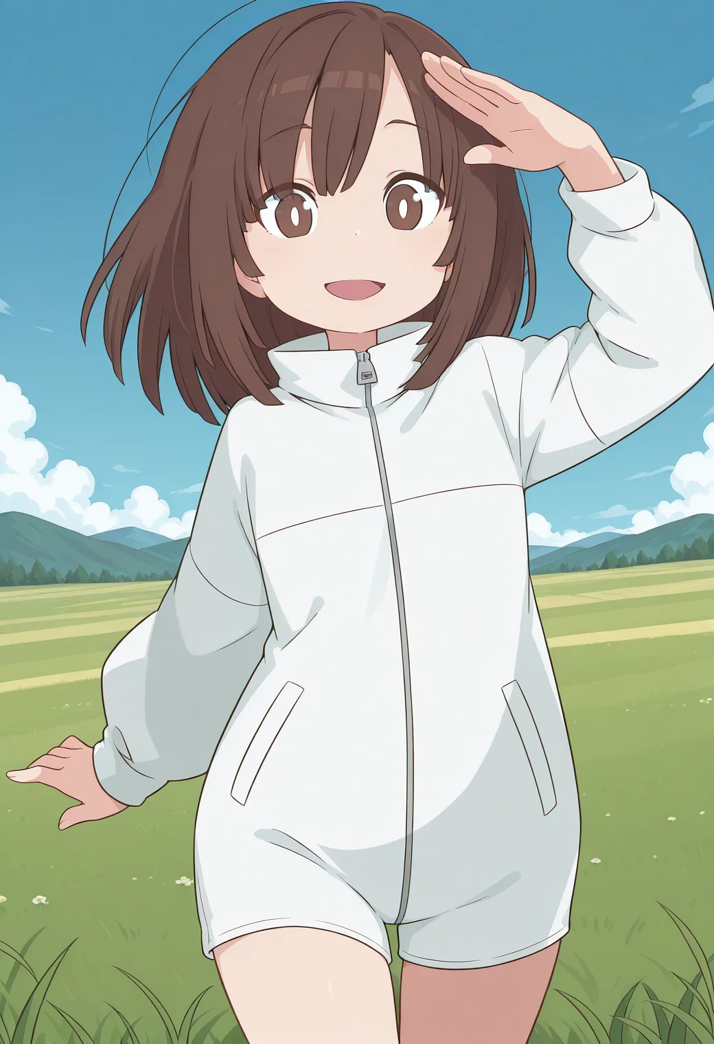 kitanaga, white pupils, brown eyes, brown hair, medium hair, white jacket, long sleeves, zipper, <lora:kitanaga_illustrious_ver1:0.8> 
smile, open mouth,, masterpiece, best quality, sensitive,, 1girl, solo, blue sky, (grasslands:1.2), looking at viewer,, (cowboy shot, dynamic pose:1.4),