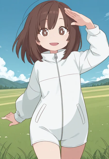 kitanaga, white pupils, brown eyes, brown hair, medium hair, white jacket, long sleeves, zipper, <lora:kitanaga_illustrious_ver1:0.8>
smile, open mouth,, masterpiece, best quality, sensitive,, 1girl, solo, blue sky, (grasslands:1.2), looking at viewer,, (cowboy shot, dynamic pose:1.4),