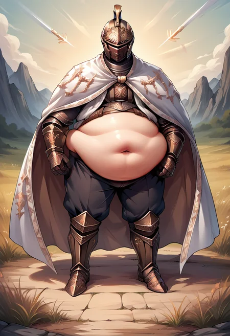 score_9, score_8_up, score_7_up, source_anime, NeedleKnightLeda, full armor, helmet, cape, gauntlets, breastplate, Knight, black pants, <lora:NeedleKnightLeda_XLPD-000009:1>, covered face, <lora:spsaggyBellyXLPony:0.8> saggy belly, big belly, fat belly