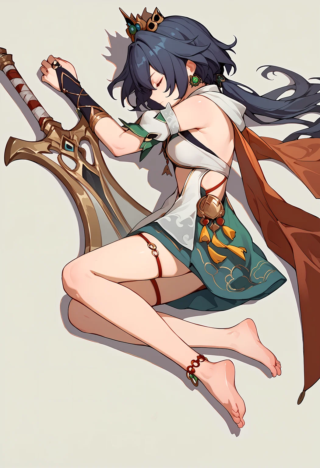 (score_9, score_8_up, score_7_up), 1girl, solo, yunli, crown, fingerless gloves, detached sleeves, thigh strap, anklet, barefoot, lying, from side, greatsword, simple background, from above, closed eyes, closed mouth, <lora:yunli-strPO-v1a:0.9>