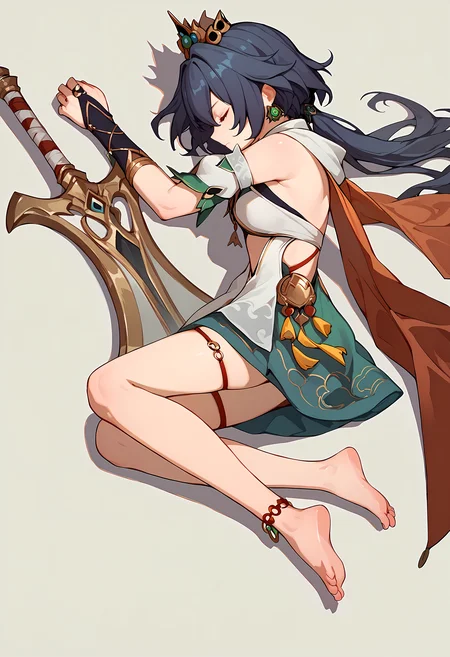 (score_9, score_8_up, score_7_up), 1girl, solo, yunli, crown, fingerless gloves, detached sleeves, thigh strap, anklet, barefoot, lying, from side, greatsword, simple background, from above, closed eyes, closed mouth, <lora:yunli-strPO-v1a:0.9>