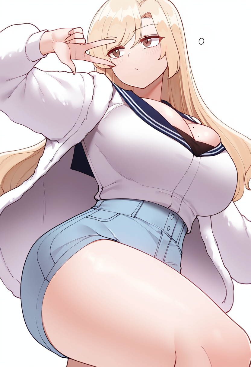Smooth Quality,masterpiece,very intricate, high quality details, ultra realistic, high detailed skin,detailed enviorement,absurdres,
simple background, white background, dancing,skindentation, solo,from below,v over eye,
 <lora:Yejin_Lim_CNR:0.8> yejin_cnr, 1girl, blonde hair, long hair, bangs, brown eyes, mole on breast, large breasts,sailor shirt,  ,fur coat, ,shorts, ,, raised eyebrow,, o o,