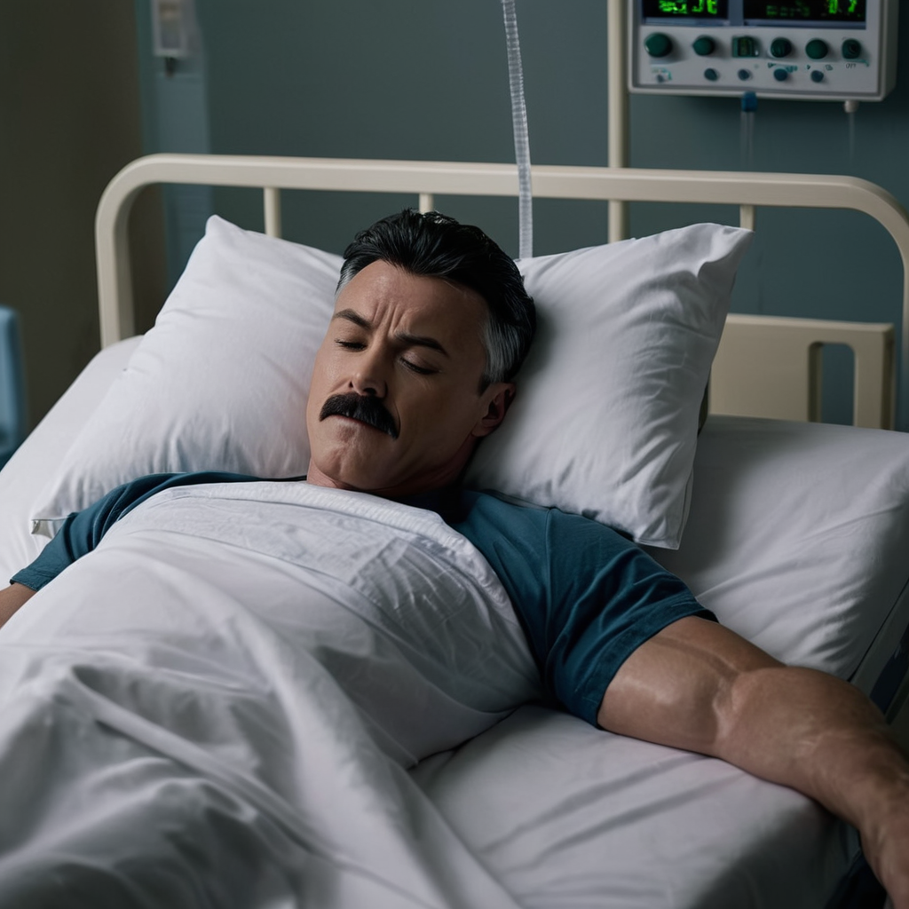 cinematic film still of  <lora:Invincible (TV series):0.4>
 <lora:detailed:0.4> detailed
 <lora:perfection style:0.4> perfect
 <lora:PerfectEyesXL:0.3>
 <lora:Nolan Grayson:1>
Nolan Grayson a man laying in a hospital bed with a cast on his arm,solo,short hair,shirt,black hair,1boy,closed eyes,male focus,lying,indoors,on back,pillow,bed,muscular,facial hair,on bed,bandages,sleeping,muscular male,bara,intravenous drip,hospital bed, shallow depth of field, vignette, highly detailed, high budget, bokeh, cinemascope, moody, epic, gorgeous, film grain, grainy