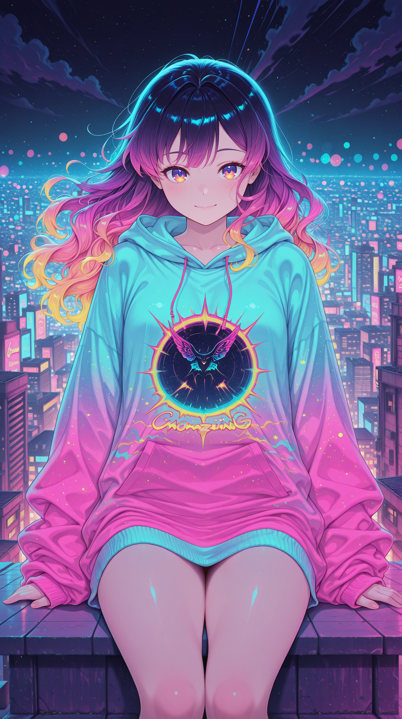 1girl, long wavy hair, vibrant gradient hair, colorful eyes, soft smile, casual hoodie, oversized sleeves, sitting on a rooftop, city lights in the background, night sky, bokeh effect masterpiece, best quality, amazing quality, very aesthetic, absurdres, detailed eyes, newest, neon illustration in the style of pinkneonanime, <lora:PinkieNeonAnimeIL:0.8>,