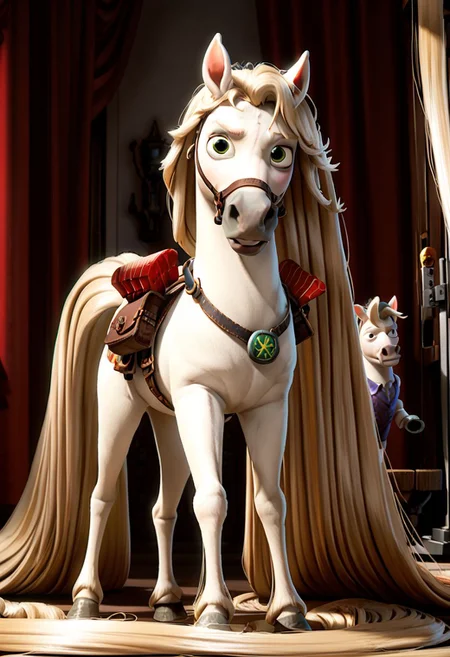 Score_9, score_8_up, score_7_up, original style, 3d disney anime, Maximus the white horse, (A full body image of a horse with endlessly long white Rapunzel-Style hair), (absurdly long white Rapunzel-Style hair:1.4), (meters of hair without end:1.2)