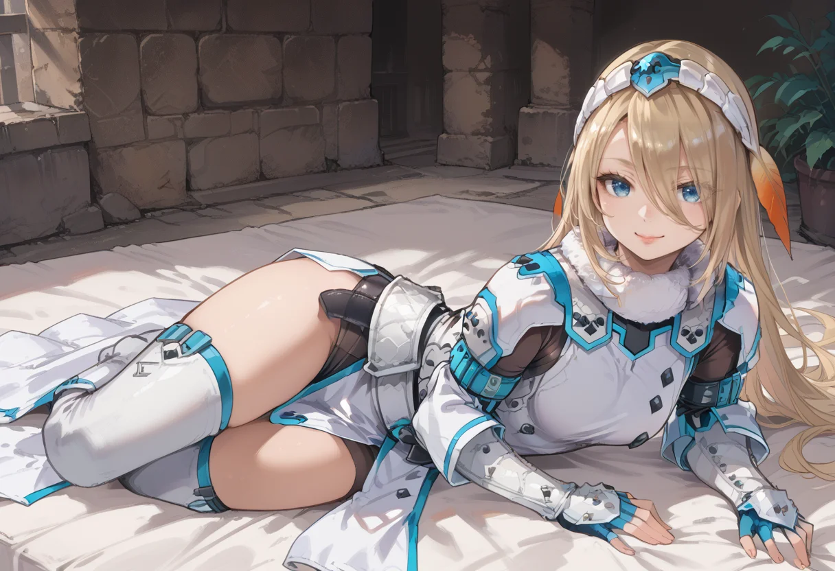 (score_9:0.9),score_8_up,score_7_up,rating_safe,anime style,(zPDXL),<lora:Barioth X Gunner Armor ponyXL v1.2:0.85>,barioth x gunner armor, white headband, white thigh boots, white fingerless gauntlets, white pelvic curtain, 1girl, solo, blue eyes, smile, looking at viewer, hair over one eye, lying, mature female,