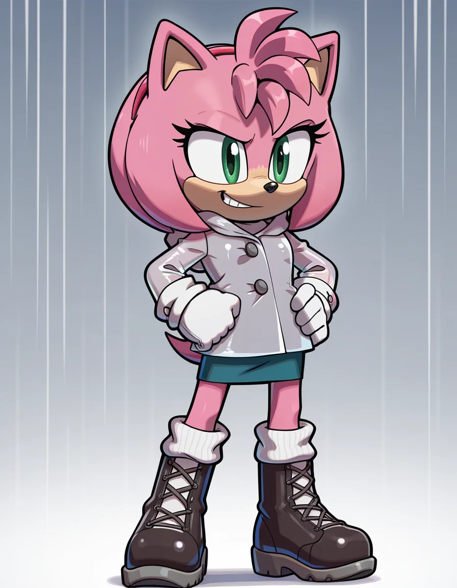 1girl, solo, full body, no humans,
<lora:Movie-Amy:1> movieamy, pink fur, green eyes, animal nose, body fur, hedgehog tail, petite, short legs, short hair, bob cut,
white gloves, <lora:PiratesCurse:1.0> prtcrs,
grey raincoat, aqua pencil skirt, red loose socks, black leather boots, standing, hands on hips, beaming smile, optimistic expression, sunny disposition, extremely detailed, highres, masterpiece, best quality