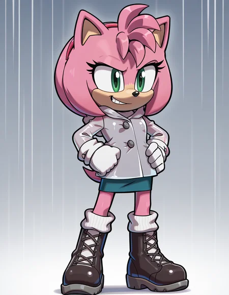 1girl, solo, full body, no humans,
<lora:Movie-Amy:1> movieamy, pink fur, green eyes, animal nose, body fur, hedgehog tail, petite, short legs, short hair, bob cut,
white gloves, <lora:PiratesCurse:1.0> prtcrs,
grey raincoat, aqua pencil skirt, red loose socks, black leather boots, standing, hands on hips, beaming smile, optimistic expression, sunny disposition, extremely detailed, highres, masterpiece, best quality