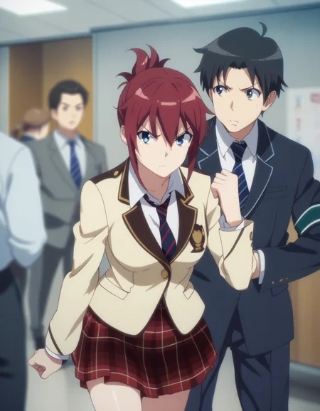 score_9,  score_8_up, score_7_up, <lora:sakurai-aoi-ponyxl:0.8> 1girl,  sakuraiaoi, blazer, striped necktie, plaid skirt
1boy, arguing, face-to-face, indoors