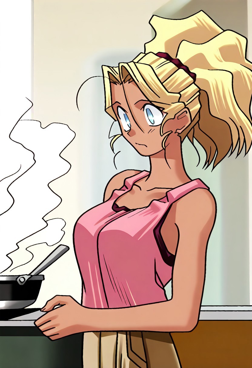 masterpiece, best quality, <lora:Tsukihime NXL:1>,solo,<lora:Mihoshi(Illust)V4_epoch_10:0.99> kuramitsu_mihoshi, huge breasts, dark skin, blonde hair, blue eyes, pink tank_top, brown pants, khaki pants,ponytail, wavy hair, masterpiece,best quality,absurdres, amazing quality, kitchen, cooking, comedy, confused, small mouth, cute, kitchen fire, smoke