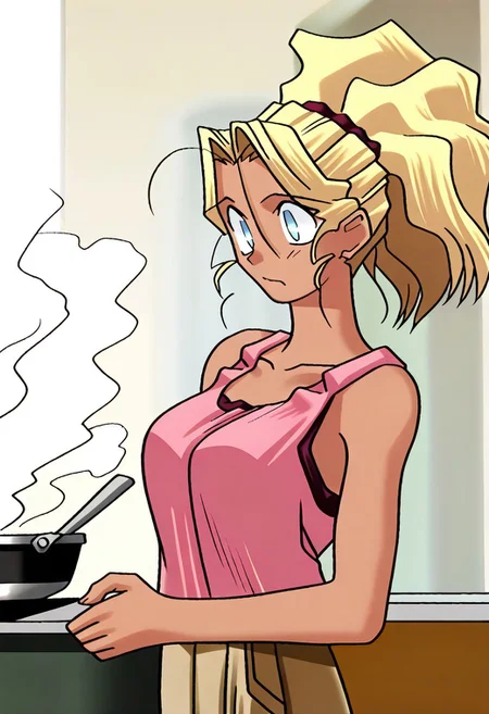 masterpiece, best quality, <lora:Tsukihime NXL:1>,solo,<lora:Mihoshi(Illust)V4_epoch_10:0.99> kuramitsu_mihoshi, huge breasts, dark skin, blonde hair, blue eyes, pink tank_top, brown pants, khaki pants,ponytail, wavy hair, masterpiece,best quality,absurdres, amazing quality, kitchen, cooking, comedy, confused, small mouth, cute, kitchen fire, smoke