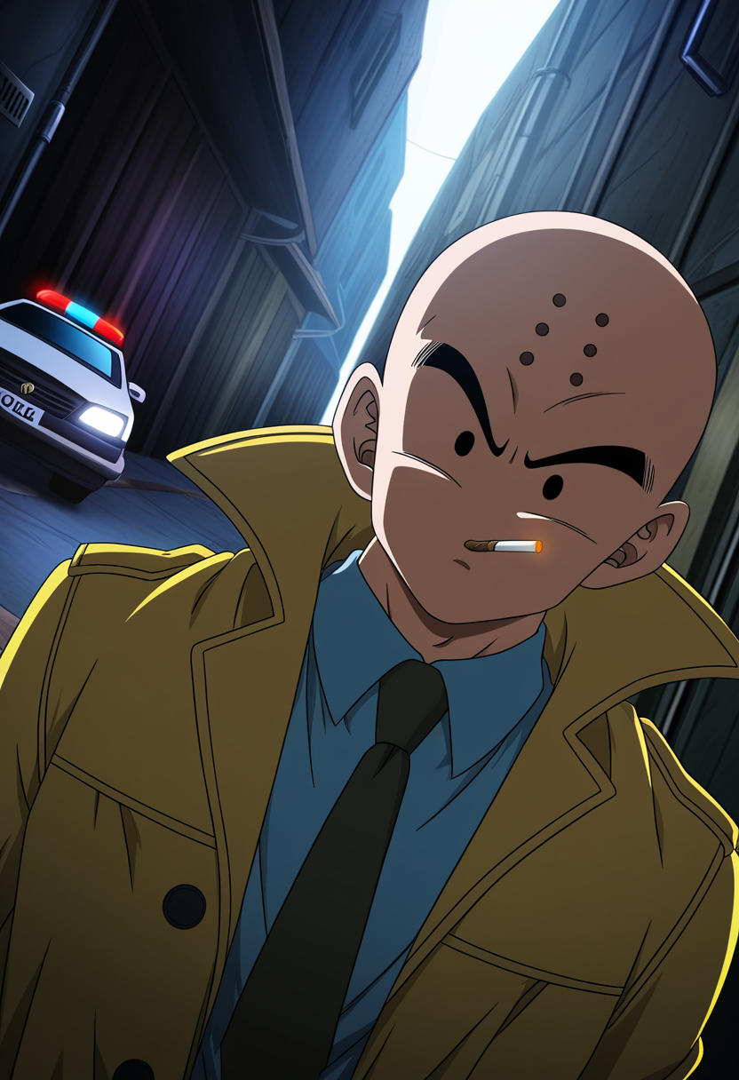 anime coloring, kuririn, dragon ball super, looking at viewer, back alley, no nose, no sclera, necktie, collared shirt, trenchcoat, smoking cigarette, upper body, police car, alley, crime scene, dynamic angle, dramatic lighting, highres, anime screenshot, perspective