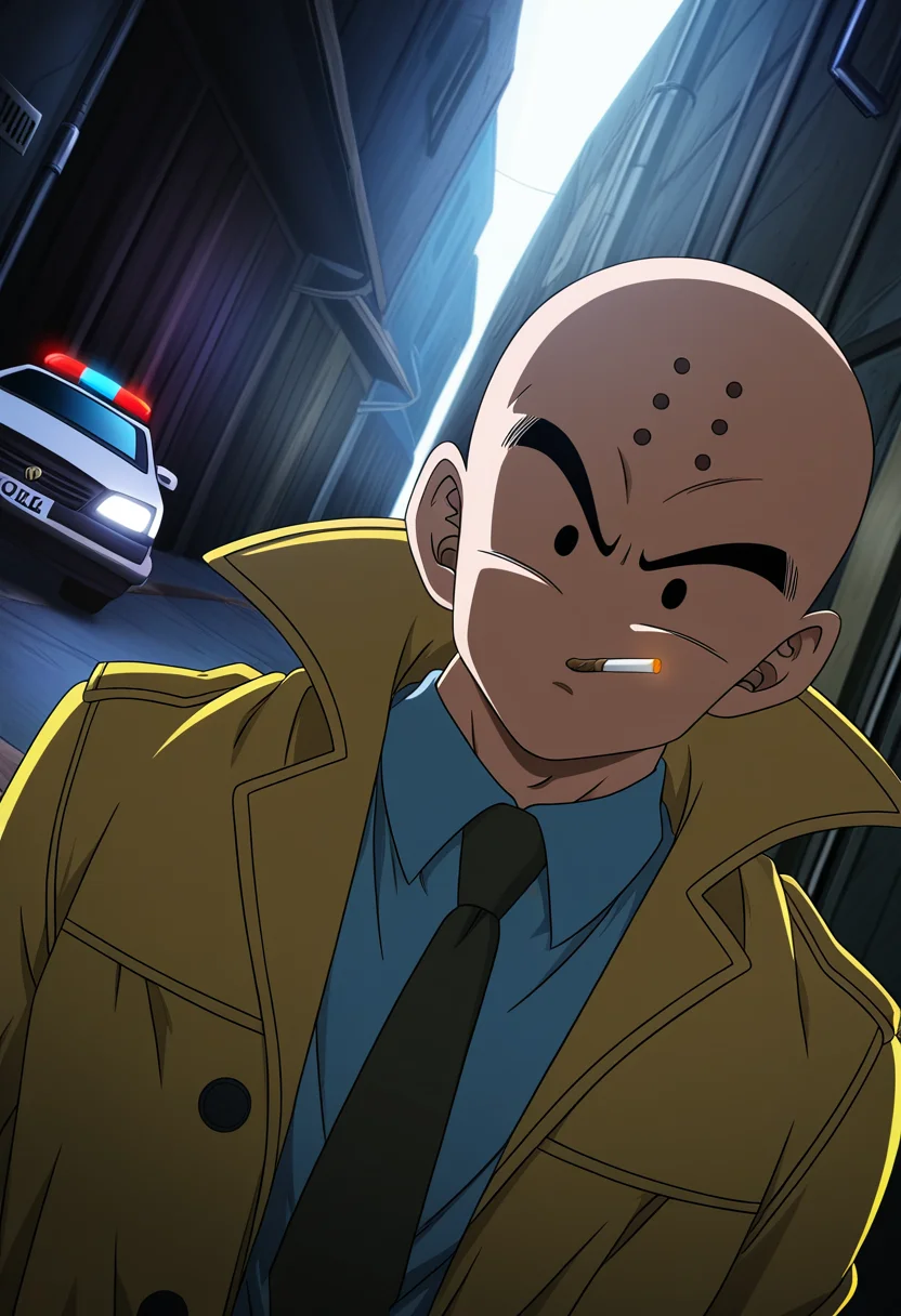 anime coloring, kuririn, dragon ball super, looking at viewer, back alley, no nose, no sclera, necktie, collared shirt, trenchcoat, smoking cigarette, upper body, police car, alley, crime scene, dynamic angle, dramatic lighting, highres, anime screenshot, perspective
