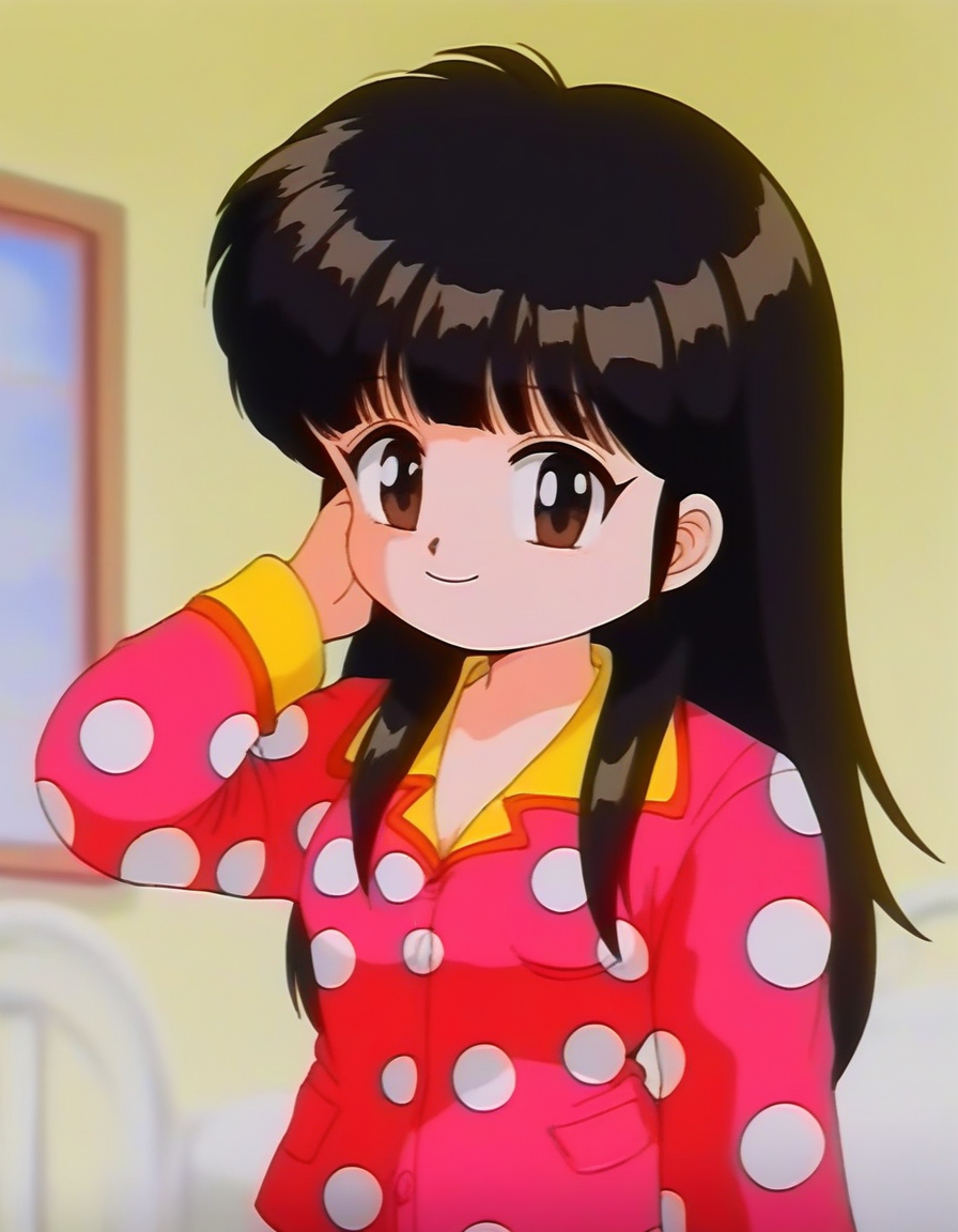 score_9, score_8_up, score_7_up, source_anime, rating_explicit, BREAK  <lora:Byouinji_Yunna_Anime_XL:1> ByouinjiYunna, long hair, bangs, black hair, brown eyes, short stack, solo, small breasts, 
1girl, solo, red pajamas,  smile, polka dot,  long sleeves, looking at viewer, upper body, , closed mouth, indoors,