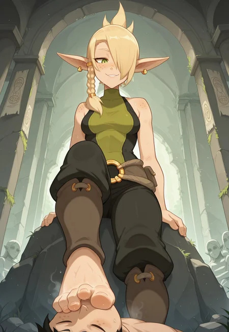 SFGFIL, foot in mouth, newest,, masterpiece, best quality, very aesthetic, HDR, ultra-detailed, anime, 748cmstyle, mythp0rt, femdom, hetero, forced, standing, from below, 
1girl, illucleo, ((pointy ears)), ((freckles)), earrings, jewelry, (blonde hair, single braid, side braid, hair over one eye), green eyes, sleeveless, bare shoulders, belt, boots, ((medium breasts)), ((ancient lost city, eternal mist, broken elemental temples, floating stone ruins, faded banners, magical runes glowing faintly, overgrown pathways, silence and whispers, time-frozen architecture, mystical energy lingering, forgotten battleground, cold wind, distant echoes, eerie light, crumbling statues, ghostly ambiance)), smelly:1.9, sweaty:1.9, steamy feet:1.9, evil smug, skindentation, skinny, rock, sitting on the rock, 
1boy, lying, Foot Sucking