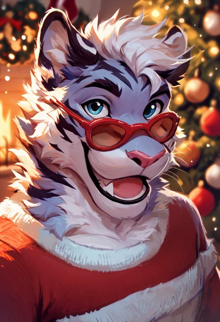 score_9, score_8_up, score_7_up, high res, best quality, furry, solo, male, tiger, christmas tree, looking at viewer, happy, fluffy_new_year, merry_furistmas, <lora:Fluffy_New_Year__Merry_Furistmas:1>