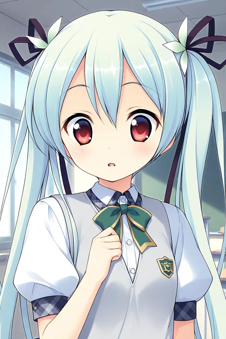 masterpiece, best quality, absurdres, official art, official style, general BREAK <lora:sawatarinanagi_IL_v1-2:0.7>, sawatari nanagi, 1girl, solo, red eyes, aqua hair, blue hair, hair between eyes, short hair, twintails, hair ribbon, black ribbon, hair flower, white flower, petite, flat chest, school uniform, grey vest, sweater vest, white shirt, collared shirt, green bowtie, buttons, puffy short sleeves, arm ribbon, green ribbon, portrait, upper body, close-up, indoors, classroom,
blush, :o, looking at viewer, open mouth, parted lips, surprised