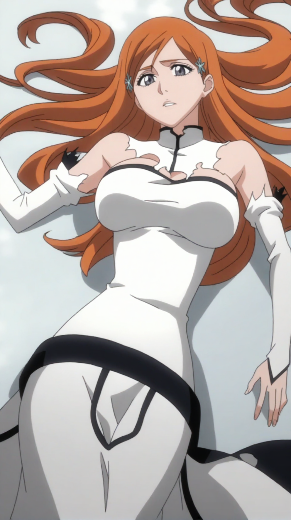 source_anime, score_9, score_8_up, score_7_up, anime screencap, high quality, 8k, absurdres, official style, <lora:Orihime_Inoue:0.8>, orihime inoue, orange hair, long hair, grey eyes, hueco mundo outfit, breasts, large breasts, long sleeves, dress, puffy sleeves, white dress, dress, long dress, detached sleeves, torn, torn clothes, bare shoulders, hair ornament, lying down, on back, looking at viewer,