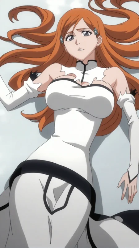 source_anime, score_9, score_8_up, score_7_up, anime screencap, high quality, 8k, absurdres, official style, <lora:Orihime_Inoue:0.8>, orihime inoue, orange hair, long hair, grey eyes, hueco mundo outfit, breasts, large breasts, long sleeves, dress, puffy sleeves, white dress, dress, long dress, detached sleeves, torn, torn clothes, bare shoulders, hair ornament, lying down, on back, looking at viewer,