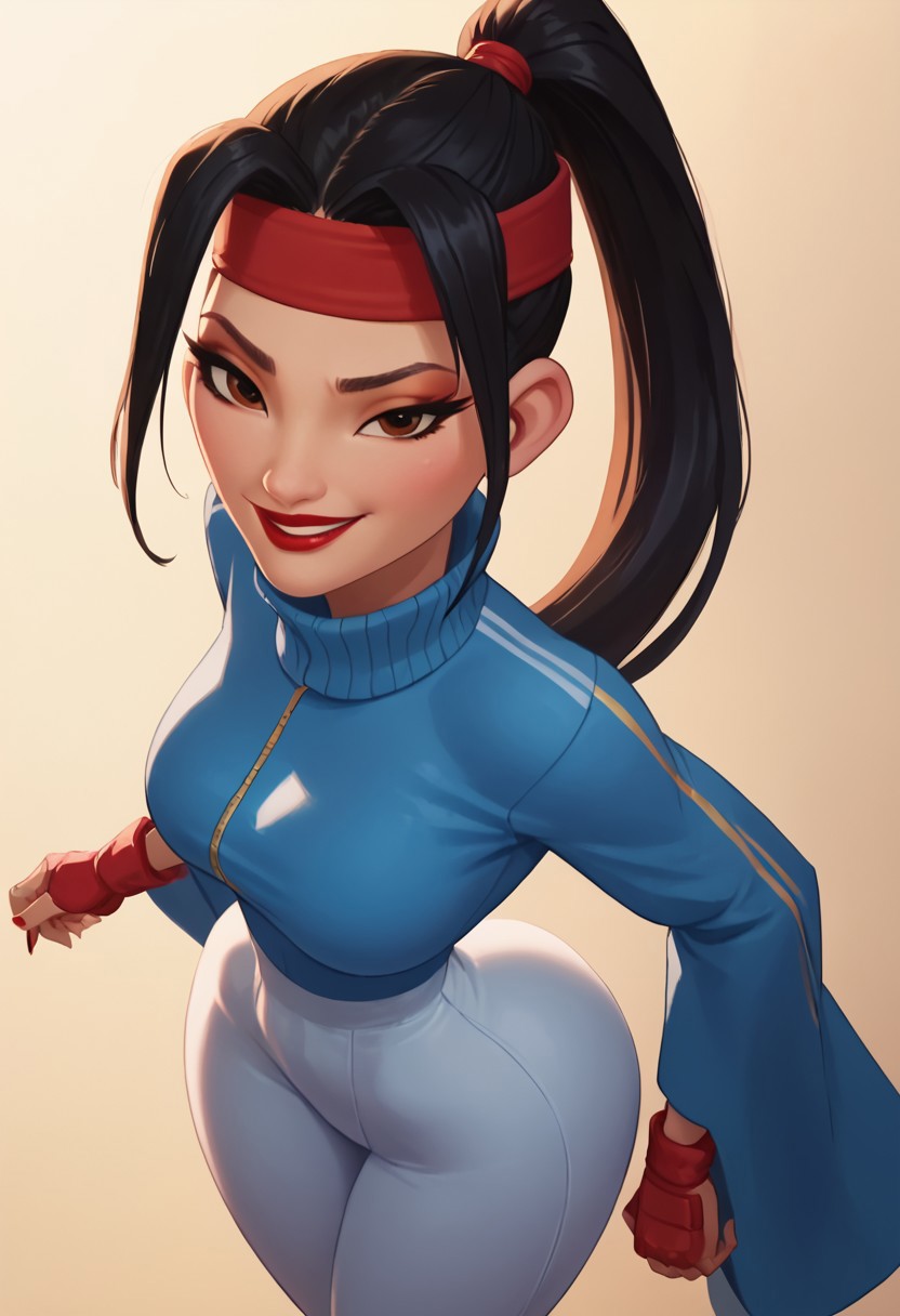 score_9, score_8_up, score_7_up, ultra quality, solo, 1girl, chang'e_tt, 1girl, asian, high ponytail (black hair, red headband), big eyelashes, brown eyes, makeup, red eyeshadow, red lipstick, red nails, red wristbands, blue track jacket (turtleneck, wide sleeves), light blue spandex, smug smile, big hips, big butt, bubble butt, breasts, narrow waist, curvy, score_9, score_8_up, score_7_up, score_6_up, looking at the viewer, standing, close up, view from above, screencap