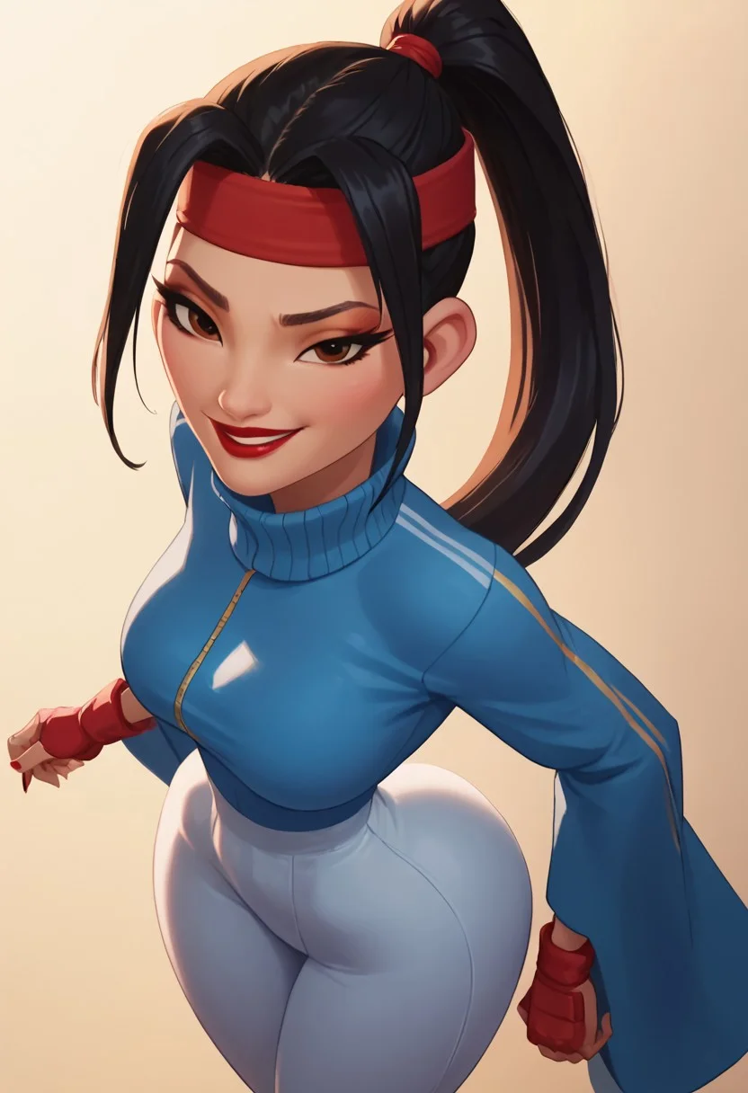 score_9, score_8_up, score_7_up, ultra quality, solo, 1girl, chang'e_tt, 1girl, asian, high ponytail (black hair, red headband), big eyelashes, brown eyes, makeup, red eyeshadow, red lipstick, red nails, red wristbands, blue track jacket (turtleneck, wide sleeves), light blue spandex, smug smile, big hips, big butt, bubble butt, breasts, narrow waist, curvy, score_9, score_8_up, score_7_up, score_6_up, looking at the viewer, standing, close up, view from above, screencap