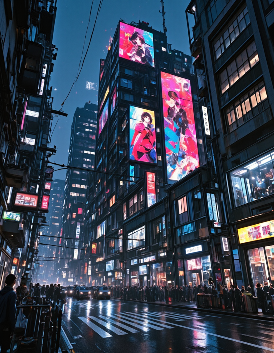 <lora:CWWalls1fluxb:1> wabkg, realistic world, photo. In a crowded cyberpunk city, on the surface of cyberpunk buildings there are illuminated colorful paintings of japanese animation women. Shops. Night. From side. Street. Very wet. Reflections. Traffic. Some lighted appartment interiors.