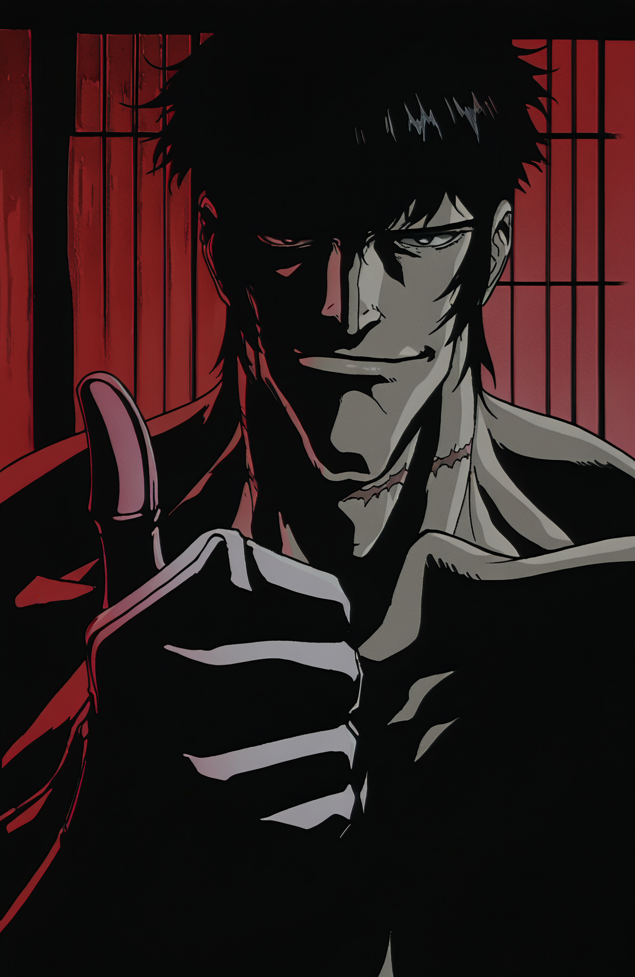 masterpiece, best quality, highres, highly detailed, watercolor \(medium\), (inked:0.5), (jaggy lines, bold outlines:0.5),
Gemma Himuro \(Ninja Scroll\), 1boy, single mechanical arm, muscular, scar on neck, adam's apple, black hair, short hair, manly, smirk, giving thumbs up,
anime screenshot, film grain,
 <lora:Ninjascroll Illustrious 0.1:1>