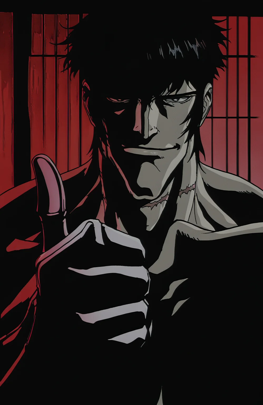 masterpiece, best quality, highres, highly detailed, watercolor \(medium\), (inked:0.5), (jaggy lines, bold outlines:0.5),
Gemma Himuro \(Ninja Scroll\), 1boy, single mechanical arm, muscular, scar on neck, adam's apple, black hair, short hair, manly, smirk, giving thumbs up,
anime screenshot, film grain,
<lora:Ninjascroll Illustrious 0.1:1>