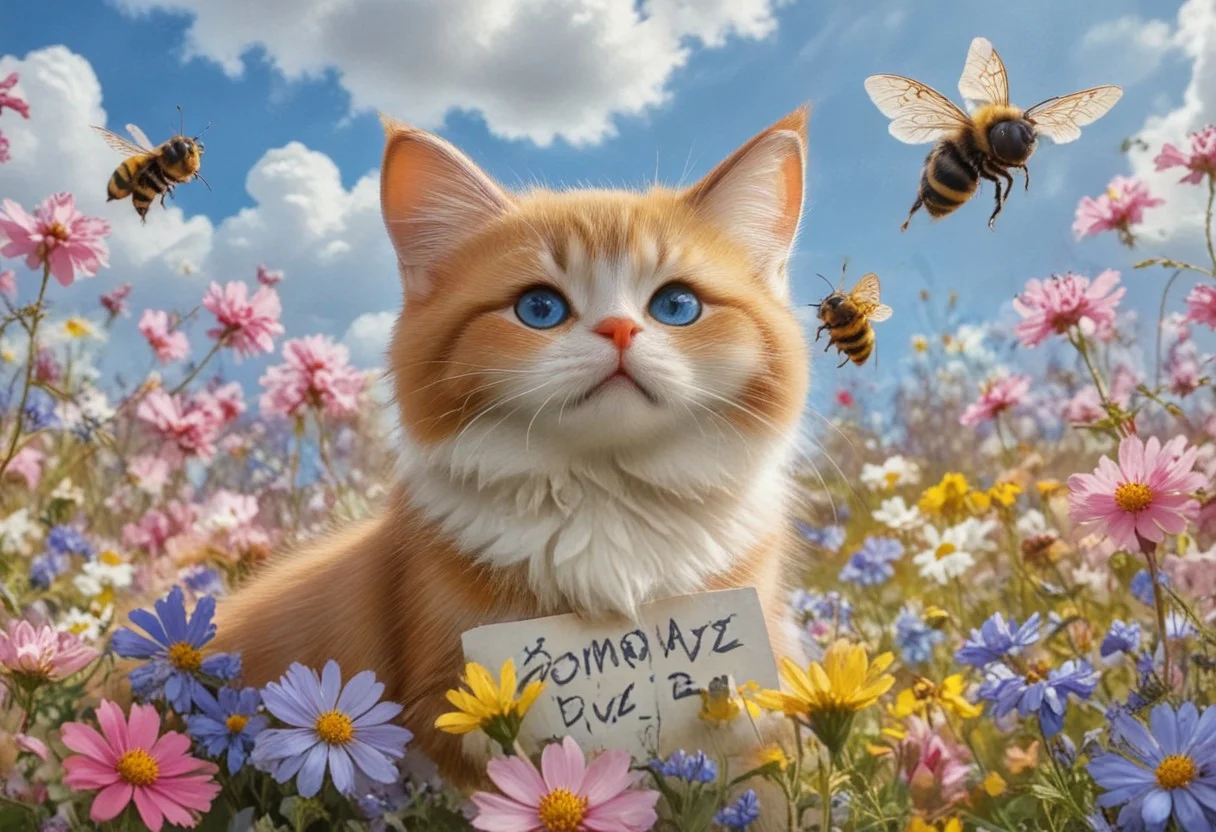photorealistic close up image
flying kitten with bee wings, flying cat, cat bee hybrid, bumble bee fur, kitten has bumble bee fur, (bee wings), blue eyes, ((Holding a sign that says "Buzz Buzz")), kitten is flying over a flower field with vibrant colors
1cat
highly detailed, aesthetic, great lighting, extremely detailed, award winning, perfect composition, a rich and complex image of nature, a vibrant tissue of hues and textures captured digitally, best quality, realistic, captivating, intricately detailed, hyper detailed, maximalist style, photorealist, sharp focus, dynamic lighting, superb composition, finest details, highest aesthetics, best quality, sharp focus, high contrast, stylized, clear, colorful, ultra quality, 8k, best quality, masterpiece,midjourneyv6.1
AP, no humans, animal focus, cat ,looking at viewer, animal,whiskers