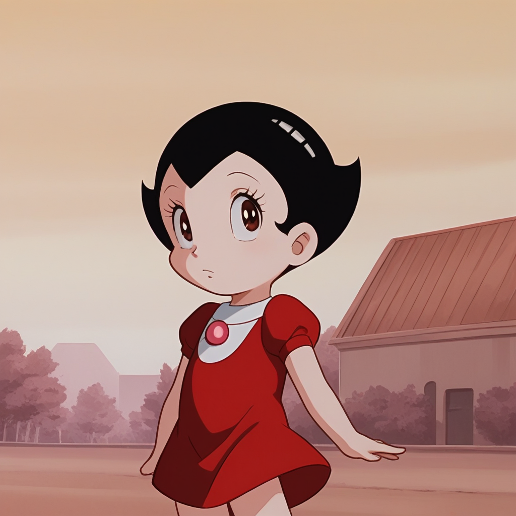 score_8_up, BREAK, uran, 1girl, solo, black hair, short hair, brown eyes, red dress, short sleeves, portrait, outdoors,  <lora:AstroBoy_Uran_PXL_Leaf1:0.8>