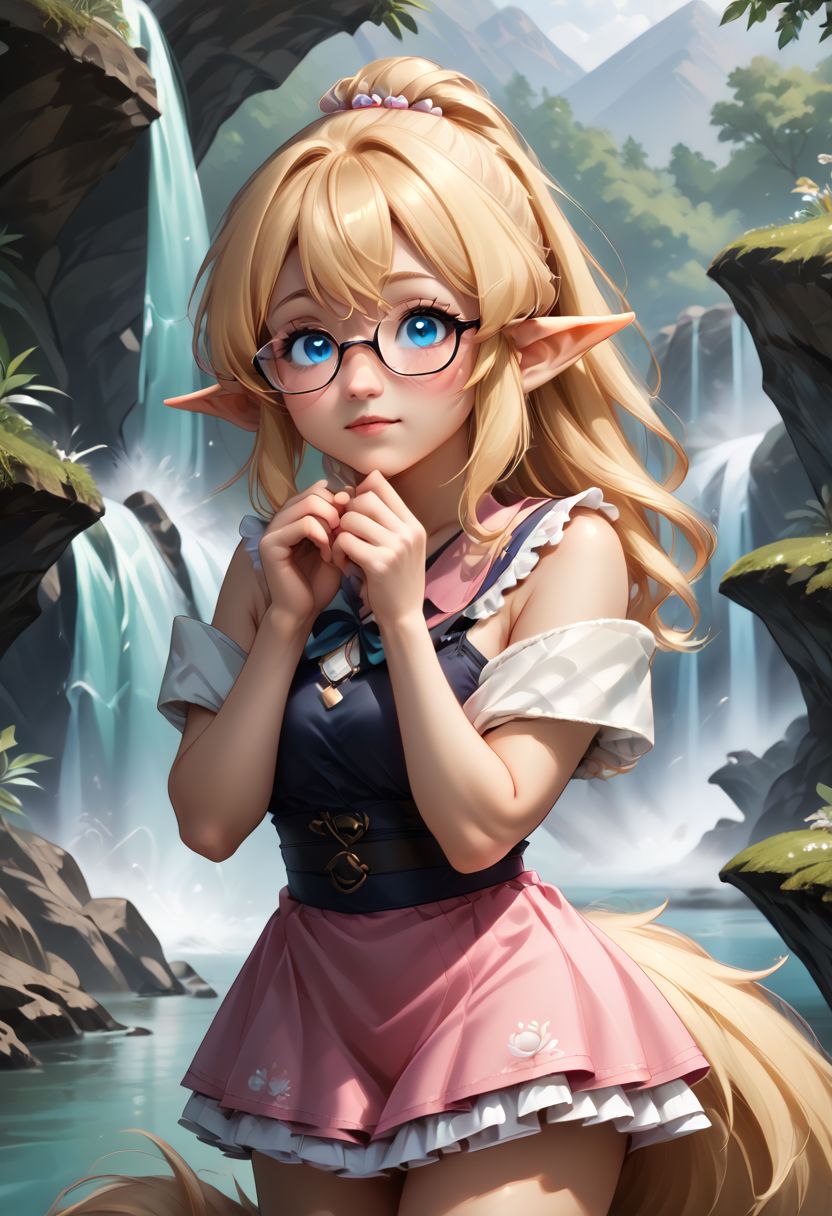 anime art. girl with blonde hair, cute blue eyes, glasses, pointy ears. pink short dress, small boobs, waterfall, fluffy tail