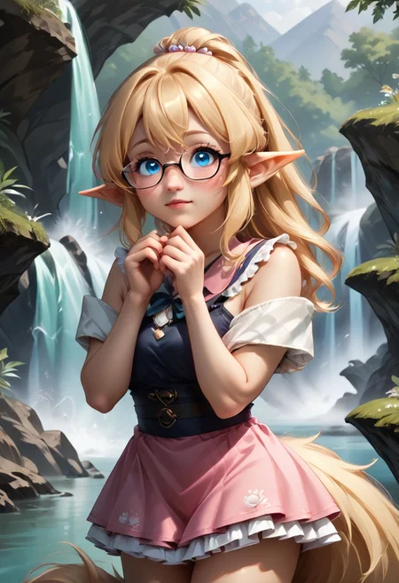 anime art. girl with blonde hair, cute blue eyes, glasses, pointy ears. pink short dress, small boobs, waterfall, fluffy tail