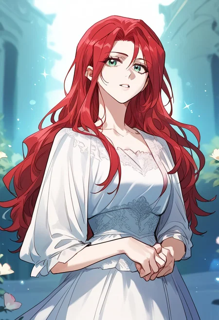 zPDXL3, score_9_up, score_8_up, score_7_up, (Anime_source), 1girl, AstinaLette, green eyes, red hair, long hair, dress, looking at viewer, particles, parted lips