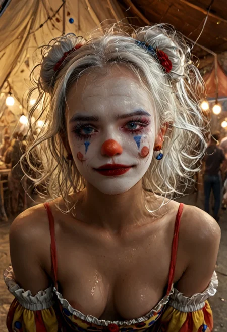 (masterpiece, intricate:1.3), (best quality, hires textures, high detail:1.2), (incredibly detailed:1.4), hyperrealistic, photorealistic, ultra detail, ultra realistic, 8k, HDR, absurdres, RAW, high quality photography, realistic, real life, very detailed background , cinematic lighting, volumetric lighting, 1girl, smile,  perfect anatomy, detailed face, highly detailed, extremely detailed eyes and face, perfect body, perfect eyes, 
Clown girl，(tattos:1.5), Clown, Clown makeup, clown costume, solo, sad, white hair tied in two high buns with large red ribbons, blue eyes,(white makeup, clown makeup, red mouth, red nose, marked eyebrows high, colorful clown costume, red clown nose,),  looking at viewer, medium breasts with eraser nipples, wearing a clown costume with deep cleavage, bare shoulders, off shoulders, nipslip, downblouse, brown nipples,  black heart earrings,  outside the circus tent, crowded in the background, pop corn machine, ticket stall, colorful lights, circus background