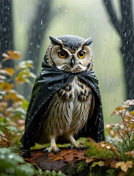 A very small and tiny round owl wear black tattered cloak and robe with hood on, heavy raining, against an ethereal backdrop of soft greens and browns, with delicate, leaves to the side that gives a dreamy, serene ambiance to the scene, <lora:MJ52:0.3>