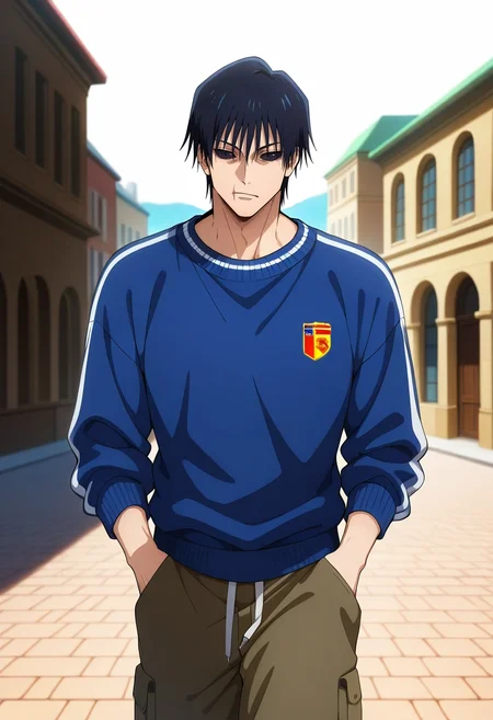 masterpiece, best quality, , anime screencap, anime coloring, official style, , 1boy, solo, male focus, <lora:touji_fushiguro_ilxl:0.96>, touji_fushiguro, black hair, black eyes, short hair, hair between eyes, bangs, colored sclera, black sclera, scar on mouth, Alhambra, Spain, intricate mosaics, lush gardens, walking pose, amazed expression, warm sunlight, Cargo jogger shorts, Varsity sweatshirt, , ,
