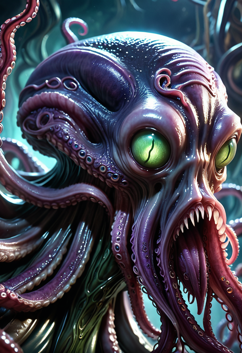 eldritch horror-inspired, close-up shot emphasizing tentacled face, dimly lit, horror-inspired atmosphere, head tilted unnaturally, sensing thoughts, pulsating psionic chambers, tentacled face, dark, leathery skin, elongated cranium, slender, alien physique, four long tentacles extending from mouth fantasy_random_lora, realistic, uhd, 8k, masterpiece, intricately detailed, cinematic, best quality, absurd resolution, fantasy art, fantasy race concept, artfully_mindflayer,  <lora:artfully_MINDFLAYER_SDXL:0.8>