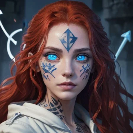 bright red hair, human female, (feminine:1.7), (beautiful face, detailed face:1.6), (beautiful eyes, detailed eyes:1.7), (looking at viewer, eye contact, intense:1.6), (long hair, red hair, curly hair:1.3), , ((masterpiece, best quality, high resolution, realistic, best quality,)), photo realistic, Perfect Face, (detailed face). <lora:GoodHands-vanilla:0.6> <lora:add-detail-xl:0.8>, mage, (Dress White military uniform coat), dagger, rune dagger, glowing runes, , (((glowing magic symbols tattoos, religious tattoos))), ((face tattoos)), glowing tattoos, stone tower in the background
