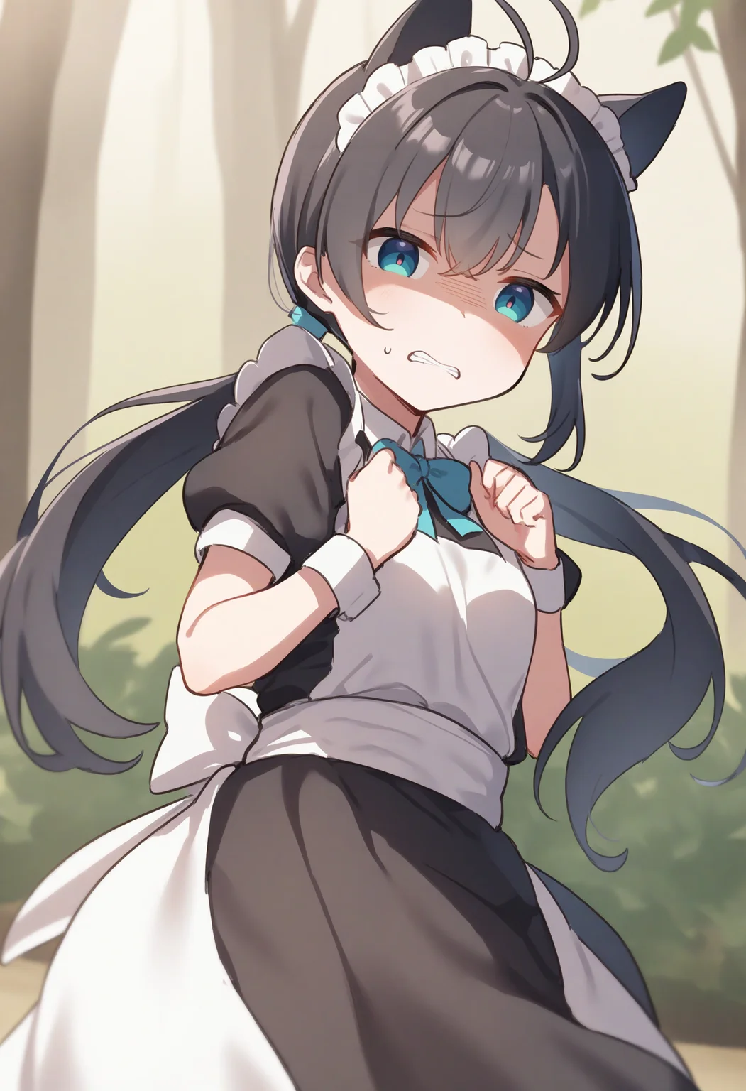 1girl,sincos, ningen mame, toosaka asagi,solo,medium breasts,20yo,maid,maid headdress,
donbiki,<lora:donbiki_XL_v1:0.7>
sweatdrop, looking at viewer, shaded face, turn pale, jitome, disgust, gloom (expression), d:, frown, empty eyes, no pupils, clenched teeth, hands up,
from behind, full body, purple hair, purple eyes, savannah, low twintails hair,,
best quality, very aesthetic, absurdres