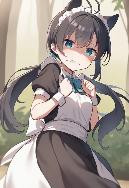 1girl,sincos, ningen mame, toosaka asagi,solo,medium breasts,20yo,maid,maid headdress,
donbiki,<lora:donbiki_XL_v1:0.7>
sweatdrop, looking at viewer, shaded face, turn pale, jitome, disgust, gloom (expression), d:, frown, empty eyes, no pupils, clenched teeth, hands up,
from behind, full body, purple hair, purple eyes, savannah, low twintails hair,,
best quality, very aesthetic, absurdres