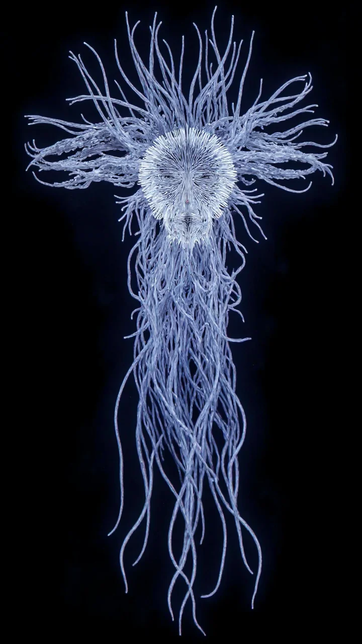 4byss, A haunting fusion of organic and digital existence depicting a ghostly figure composed of delicate, luminous filaments. The being's form echoes both a deep-sea creature and a digital apparition, its body constructed of thousands of fine, flowing white tendrils that pulse with electric blue light. Each strand oscillates and waves like fiber optic threads, creating a hypnotic dance between solid and void.
The entity's face emerges as a striking profile rendered in pure digital light waves, its features defined by undulating parallel lines of electric blue energy that ripple outward into infinity. The facial features possess an ethereal beauty, caught in a serene expression that seems to float between dimensions, while the rest of the form dissolves into an intricate network of bioluminescent filaments.
The creature's body structure mimics that of a jellyfish or sea anemone, with elegant tendrils that flow downward in perfect geometric precision, each one tipped with microscopic light points that pulse in synchronized patterns. These tendrils create a mesmerizing interplay of light and shadow, suggesting both biological complexity and digital perfection.
The background fades to absolute black, making the white and blue luminescence appear to float in void space. The lighting generates an internal glow that suggests consciousness emerging from pure energy, while the precise wave patterns of the face create a stark contrast with the organic chaos of the flowing tendrils.
The overall effect merges the delicate beauty of marine photography with the precision of digital art, creating a being that exists in the liminal space between nature and technology, reality and data, flesh and light