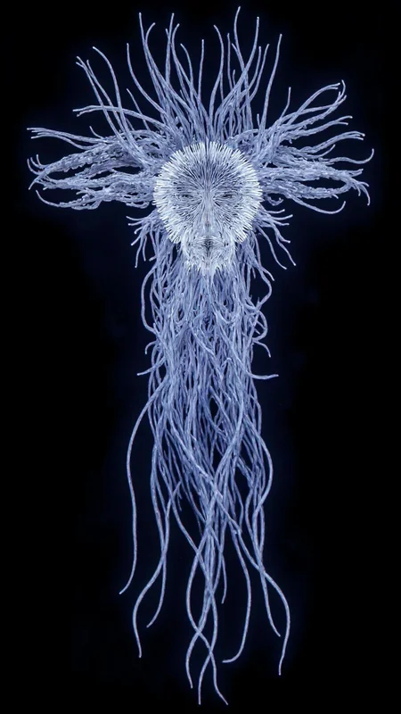 4byss, A haunting fusion of organic and digital existence depicting a ghostly figure composed of delicate, luminous filaments. The being's form echoes both a deep-sea creature and a digital apparition, its body constructed of thousands of fine, flowing white tendrils that pulse with electric blue light. Each strand oscillates and waves like fiber optic threads, creating a hypnotic dance between solid and void.
The entity's face emerges as a striking profile rendered in pure digital light waves, its features defined by undulating parallel lines of electric blue energy that ripple outward into infinity. The facial features possess an ethereal beauty, caught in a serene expression that seems to float between dimensions, while the rest of the form dissolves into an intricate network of bioluminescent filaments.
The creature's body structure mimics that of a jellyfish or sea anemone, with elegant tendrils that flow downward in perfect geometric precision, each one tipped with microscopic light points that pulse in synchronized patterns. These tendrils create a mesmerizing interplay of light and shadow, suggesting both biological complexity and digital perfection.
The background fades to absolute black, making the white and blue luminescence appear to float in void space. The lighting generates an internal glow that suggests consciousness emerging from pure energy, while the precise wave patterns of the face create a stark contrast with the organic chaos of the flowing tendrils.
The overall effect merges the delicate beauty of marine photography with the precision of digital art, creating a being that exists in the liminal space between nature and technology, reality and data, flesh and light