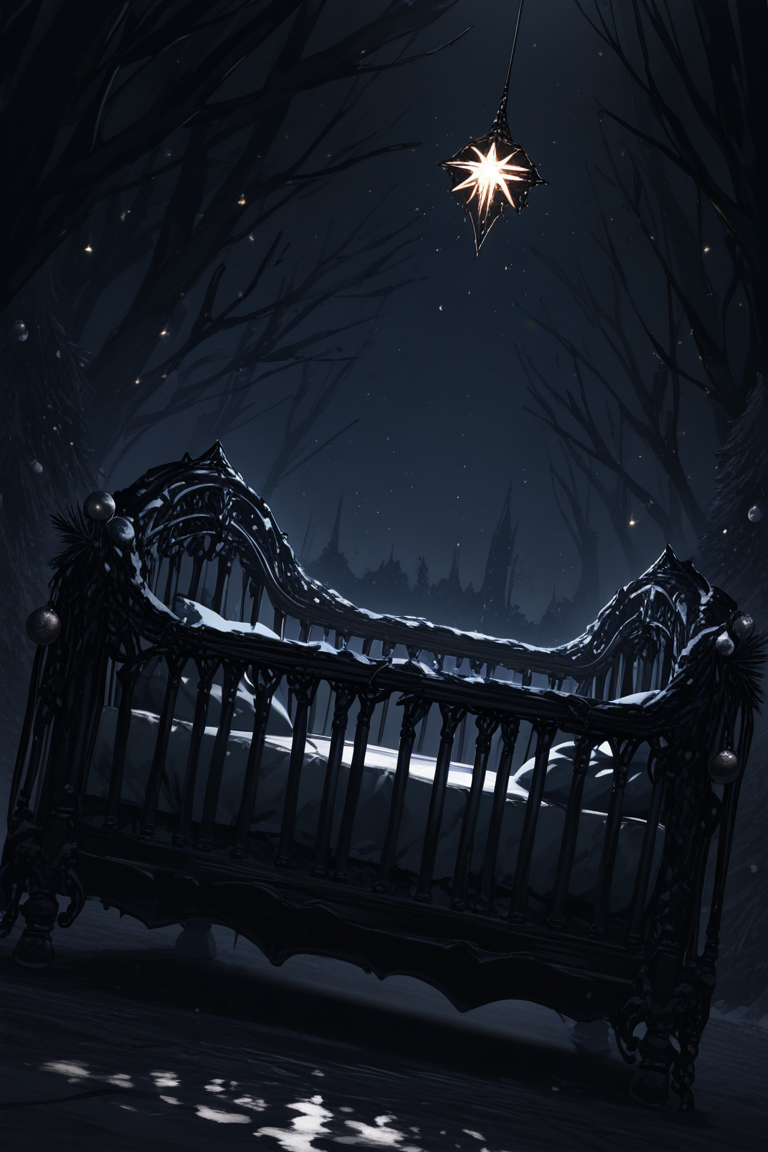 realistic shading, dim lighting, black theme, horror (theme), dacrib, christmas-crib focus, dacrib_christmas ornaments, no humans, monster, outdoors, dark environment, fantasy, dutch angle, dynamic angle, intricately detailed illustration, masterpiece, best quality, amazing quality, very aesthetic, absurdres, newest