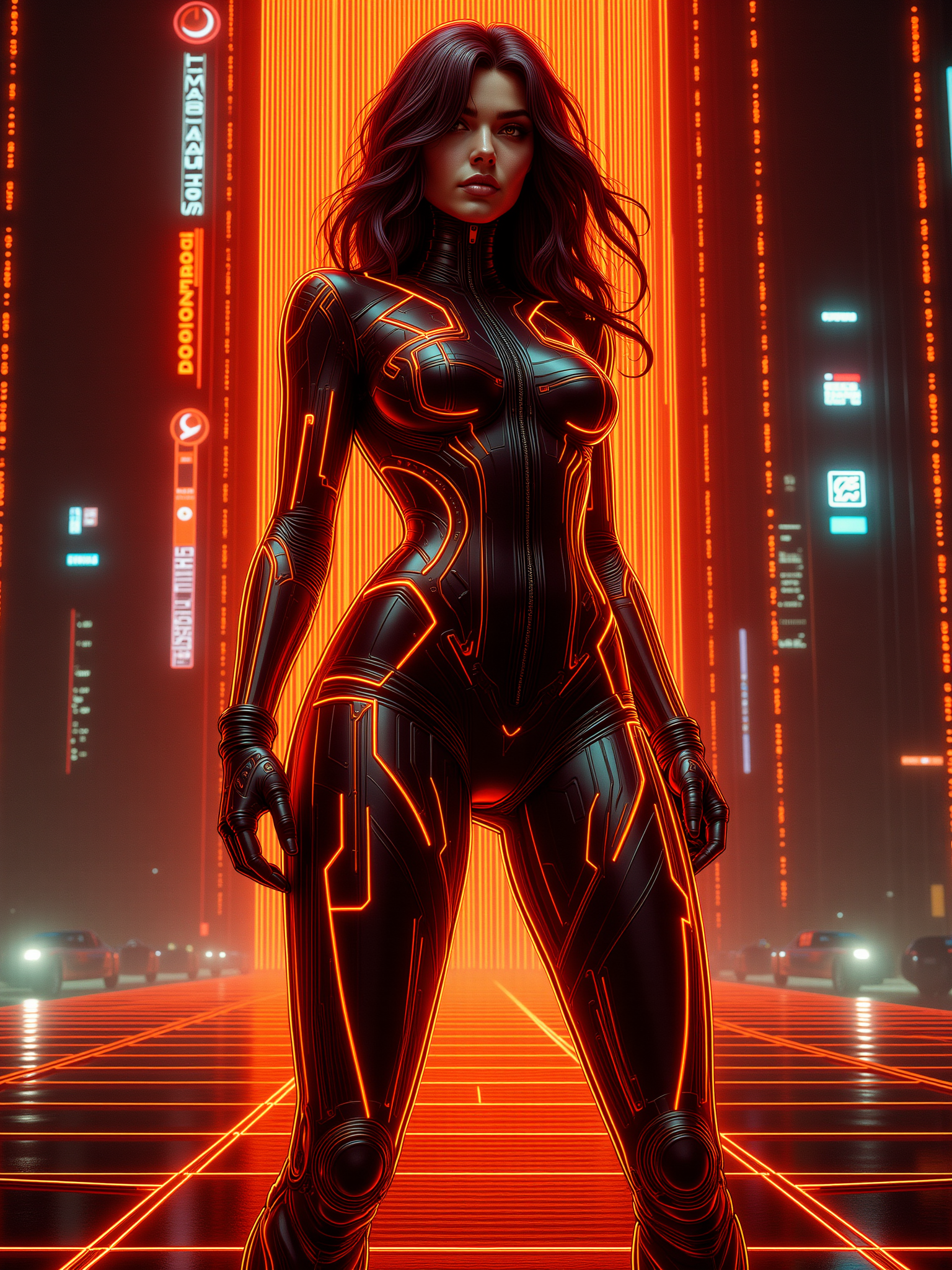 mad-cyberspace, woman, dynamic pose, orange glowing outlines, grid, cyberpunk, 1980s,  scifi, cityscape  <lora:Neon_Cyberpunk_Cyberspace_FLUX:0.9>